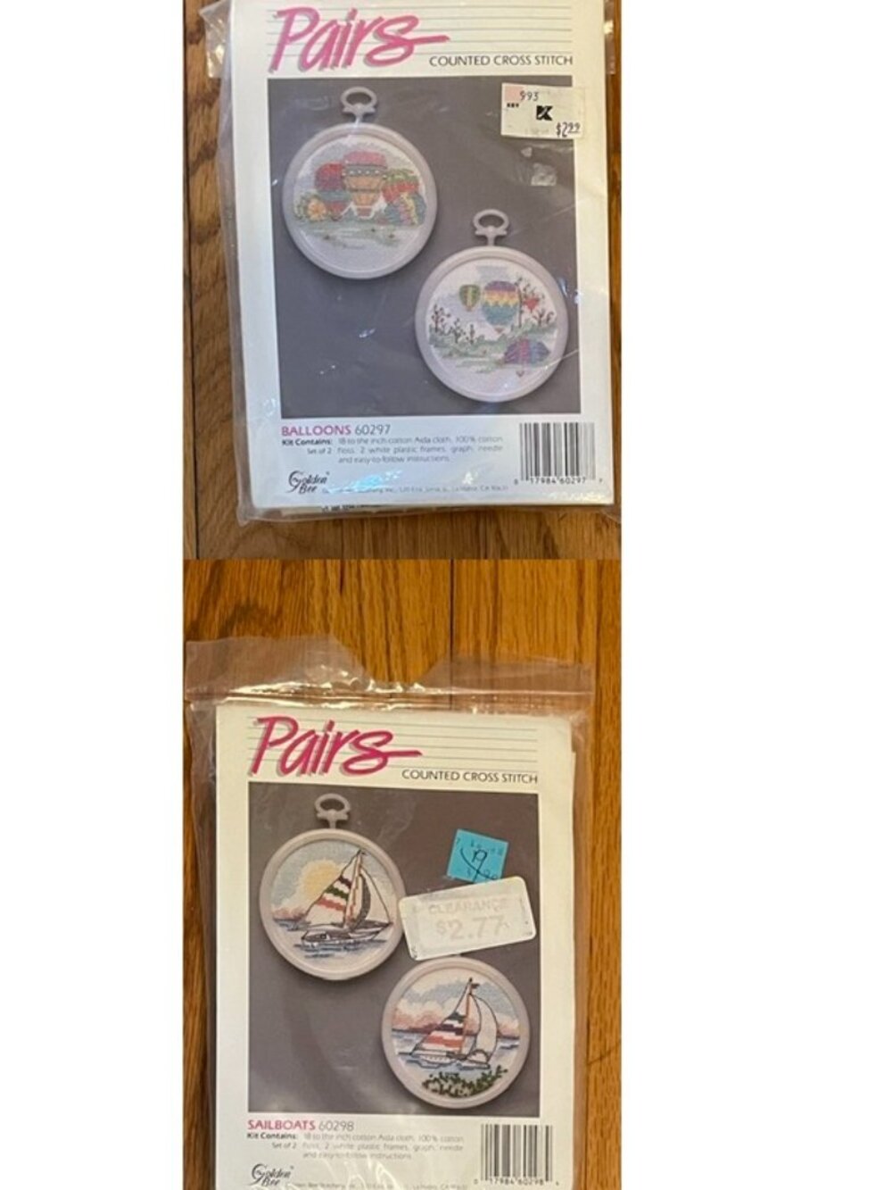 Lot of 2 NWT GOLDEN BEE Pairs Cross Stitch Kits Balloons 60297, Sailboats 60298